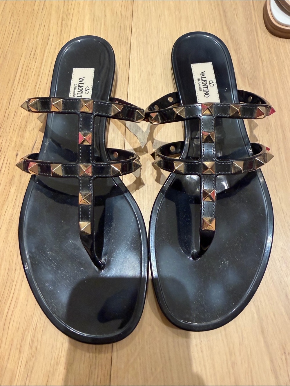 Valentino Garavani Black Jelly Rockstud T-Strap Sandals